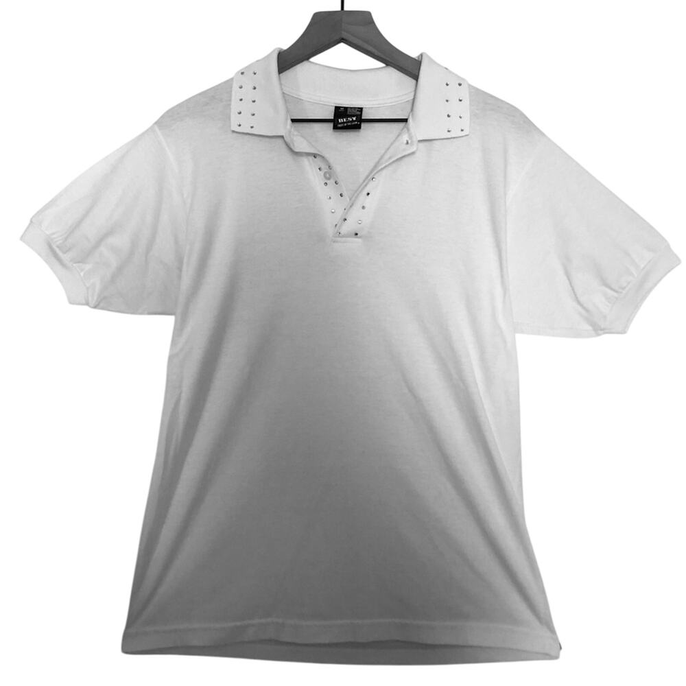 Fruit of the Loom Best Tee White Gemstone Rhinestone Button Collar TShirt Medium